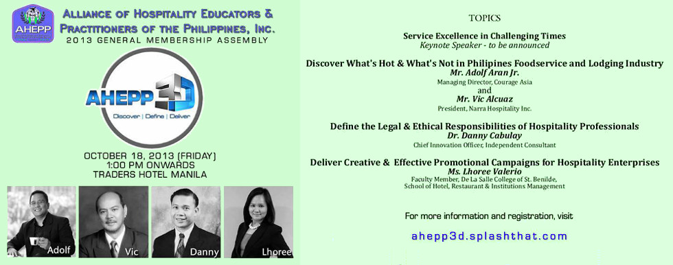 Vic Alcuaz invited as speaker by The Alliance of Hospitality Educators and Practitioners of the Philippines (AHEPP)